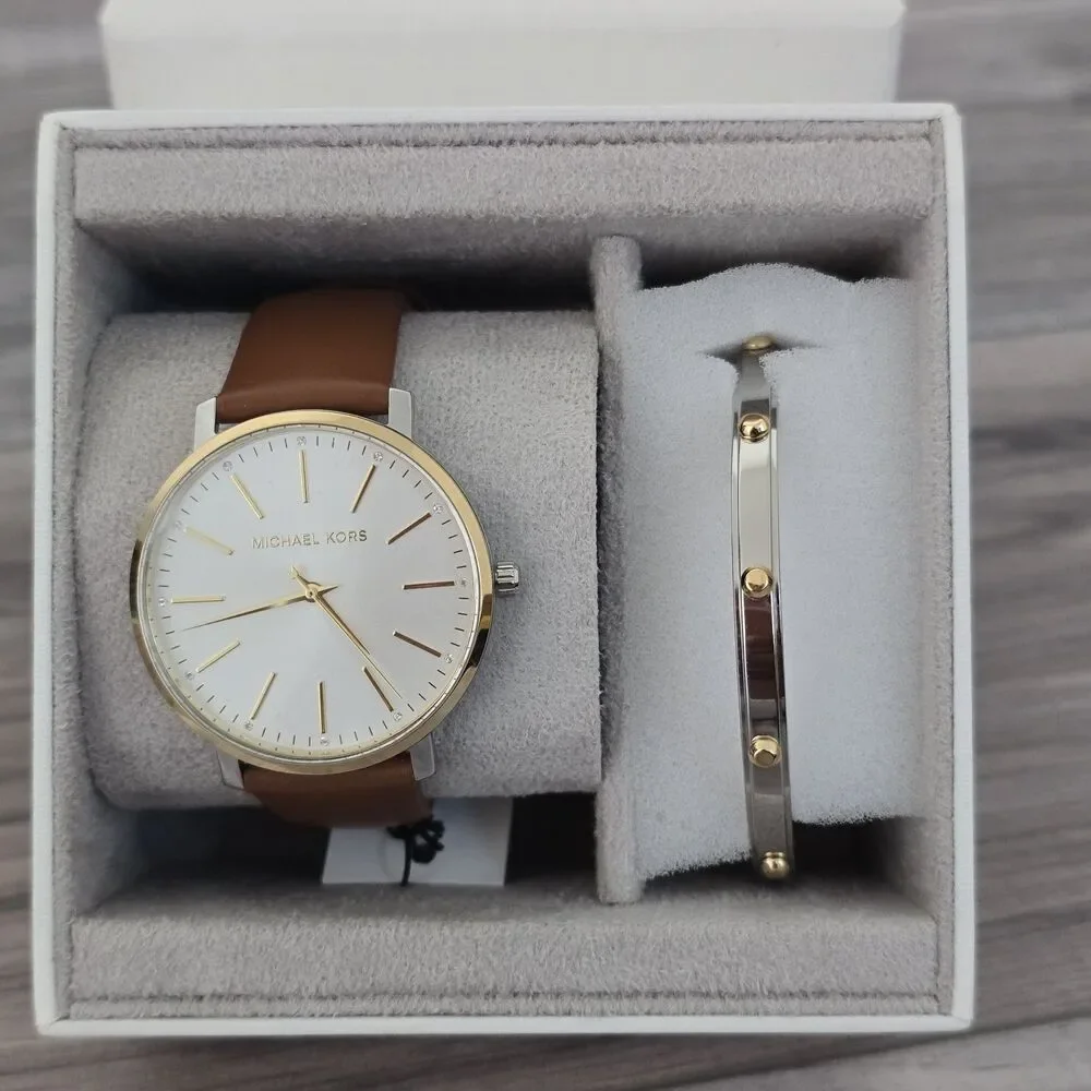 Michael Kors MK4898 Pyper Leather Band Quartz Women's Watch Bracelet Set